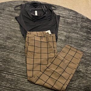 Worthington Charcoal Drape Neck Top & WindowPane Pants- Top sz L /Pants sz12